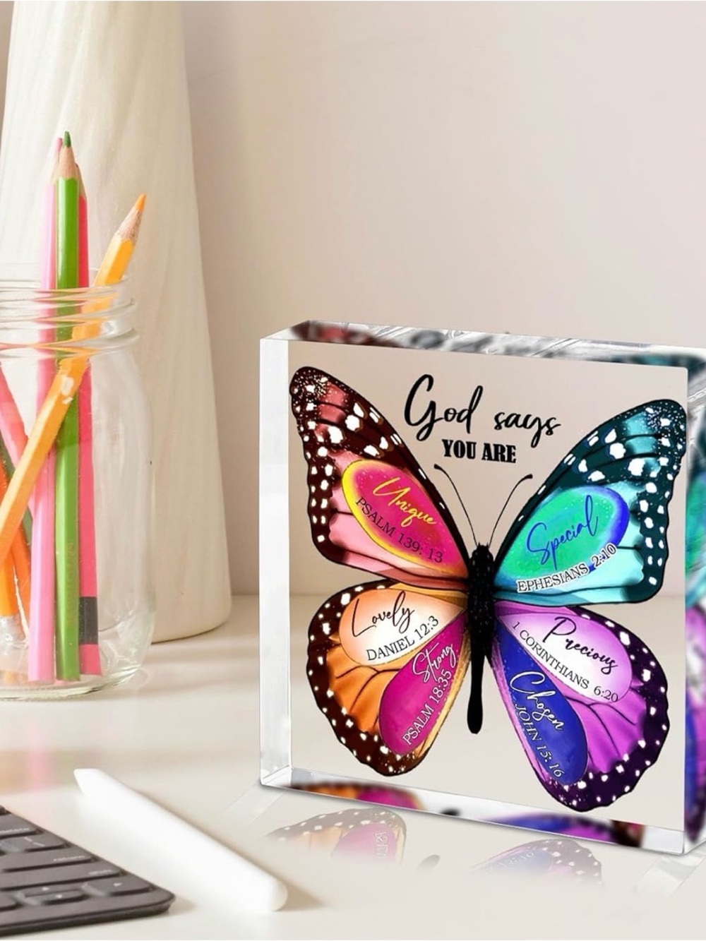 New Butterfly Acrylic “GOD SAYS YOU ARE” Multicolored Decor Display - Picture 2 of 4